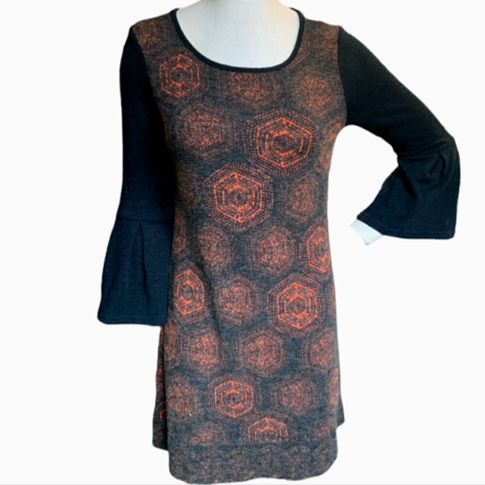 Aryeh BOHO Mod Knit Dress Bell Sleeve Geometric Print Sz S Black Multicolor #20E